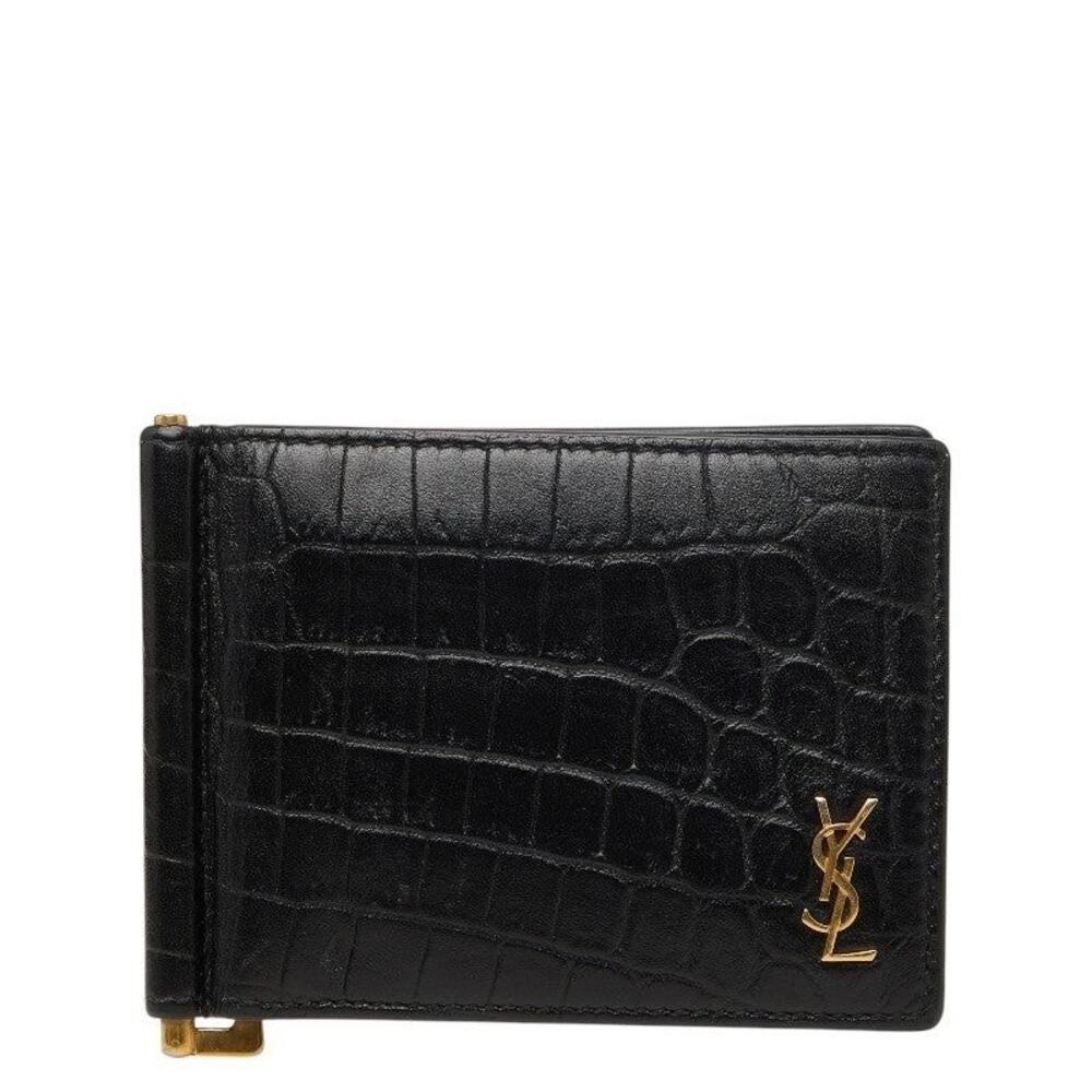 Saint Laurent Embossed Leather Tiny Cassandre Bill Clip Wallet Crocodile Black